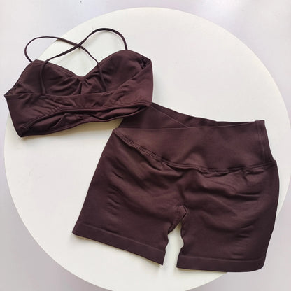 2 Piece Gym Set Women Yoga Crop Top High Waist Scrunch Seamless Shorts Fitness Bra Sport Suit Sportswear Workout Set