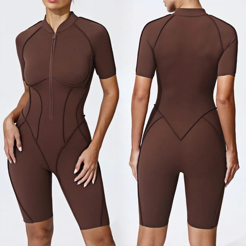 Zipper Short-sleeved Yoga Sports Fitness Jumpsuits Sets Without Chest Pad Tight Bodysuits Shorts Gym Workout Clothes for Women