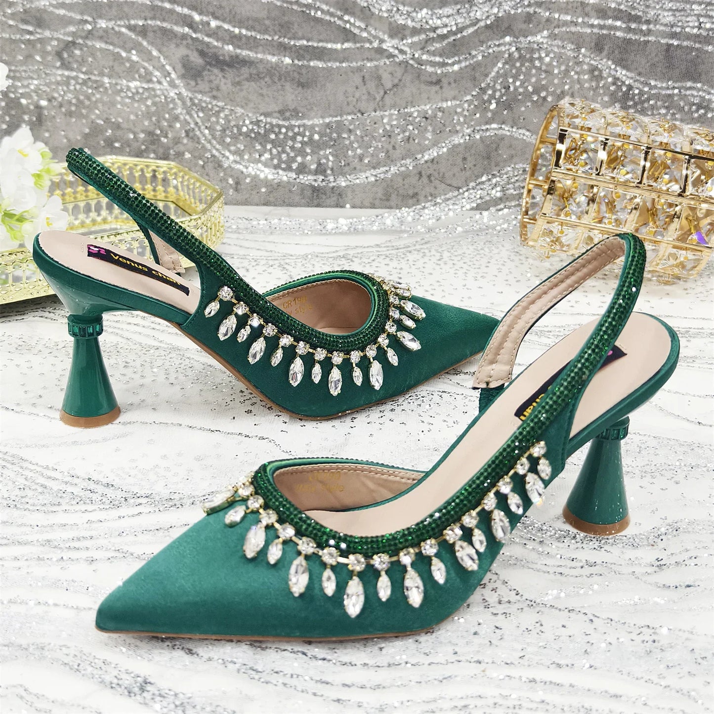Pointed-Toe High Women Heels Shoes and Bags for Women Rhinestone Evening Party Elegant Luxury Handbag
