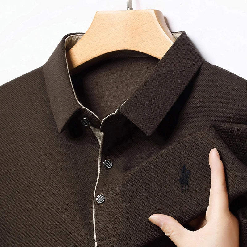 2025 Latest Autumn New Men's Long Sleeve Polo Shirt Middle Aged Business Comfortable Solid Color Men's Collar T-shirt