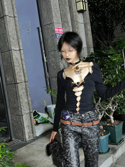 Japanese Y2k Hollow Out Tops Vintage Harajuku Beaded T Shirt 2000s Aesthetics Long Sleeve Slim T-shirts American Retro