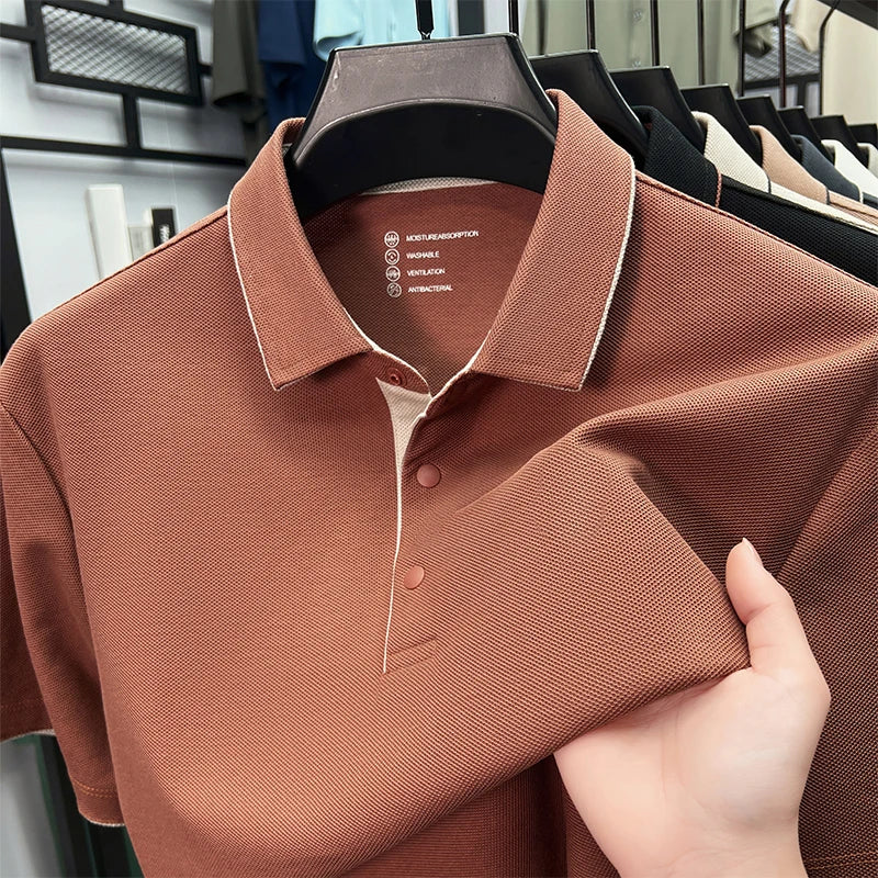 High quality 100% cotton solid color short sleeve polo shirt unique button men summer breathable comfort texture lapel T-shirt