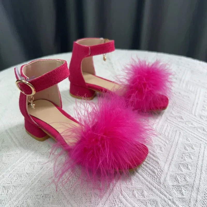 New Girls Low-heels Sandals Summer Fluffy Kids Princess Catwalk Shoes Open-toe Versatile Children Fashion Wedding Party Sandals
