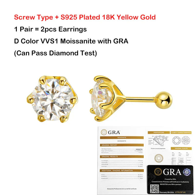 0.2/0.5/2ct D Color Moissanite Screw Stud Earrings for Women Men Silver 925 Plated 18K Pass Diamond Test 6 Prong Earring