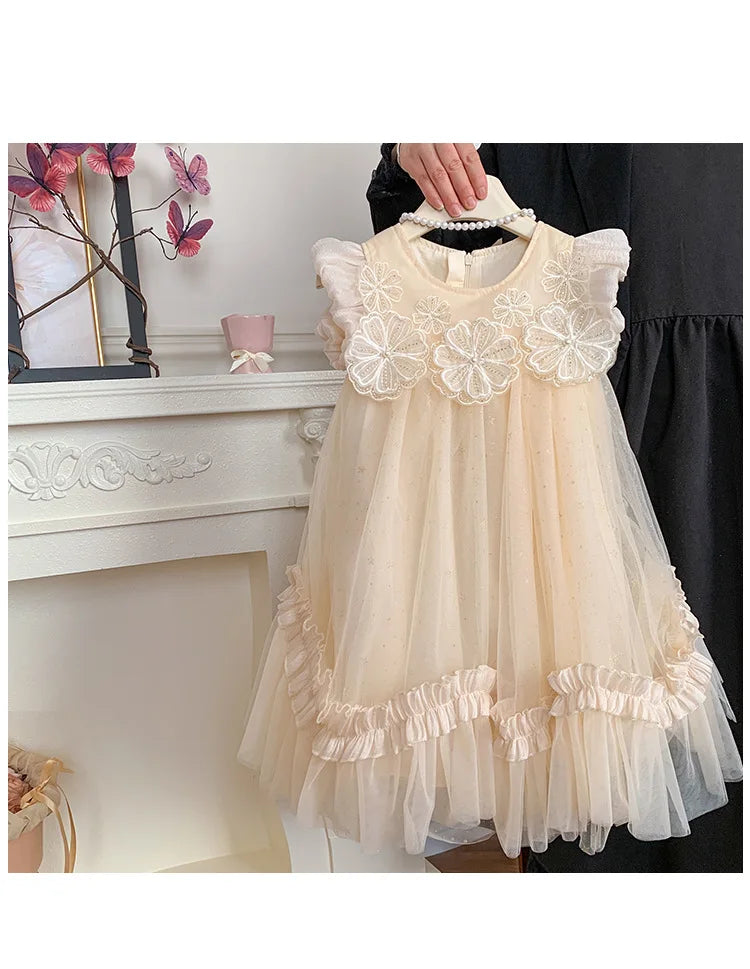 2025 Summer Dress for Girls with Flying Sleeves, Three-dimensional Flower Mesh Korean Version, Birthday Princess Fluffy Skirt