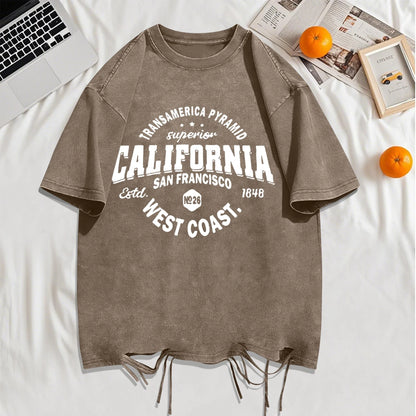 California Sanfrancisco Weat Coast Washed Holes T-Shirt Mens Cotton Soft T Shirts Crewneck Loose Clothes Multicolor Short Sleeve