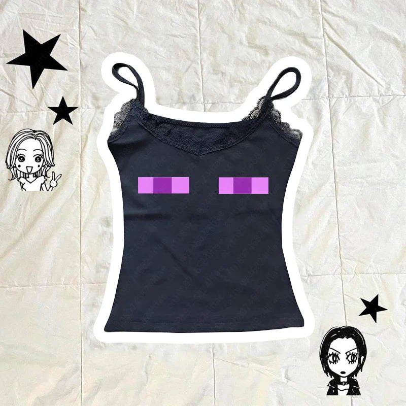 Women's Sleeveless Camisole Y2K Sexy Lace Streetwear Hip Hop Punk Rock vintage Emo Girls Chic Letter Print Gothic Slim baby Tops