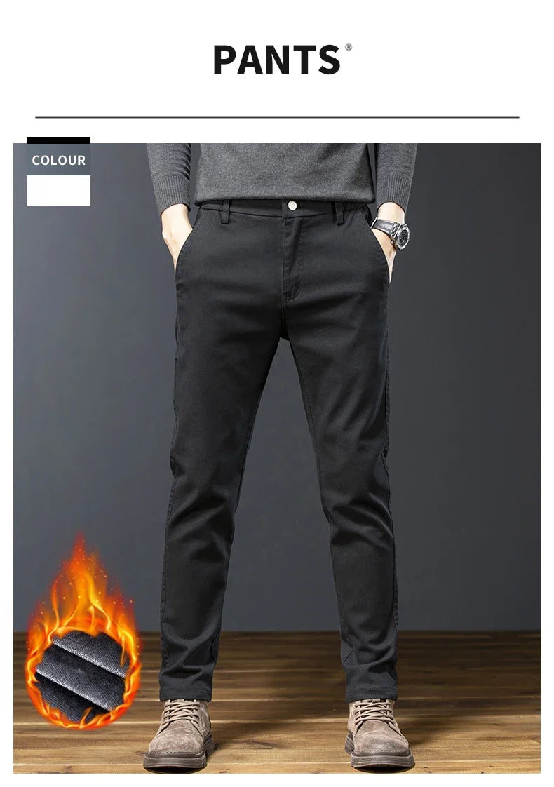 Classic Men's Fleece Slim Pants Winter Casual Velvet Business Straight Solid Thick Plush Trousers Brand Clothing Man Pants