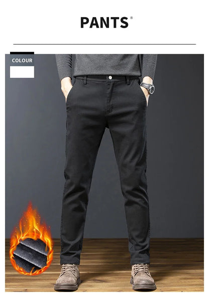 Classic Men's Fleece Slim Pants Winter Casual Velvet Business Straight Solid Thick Plush Trousers Brand Clothing Man Pants
