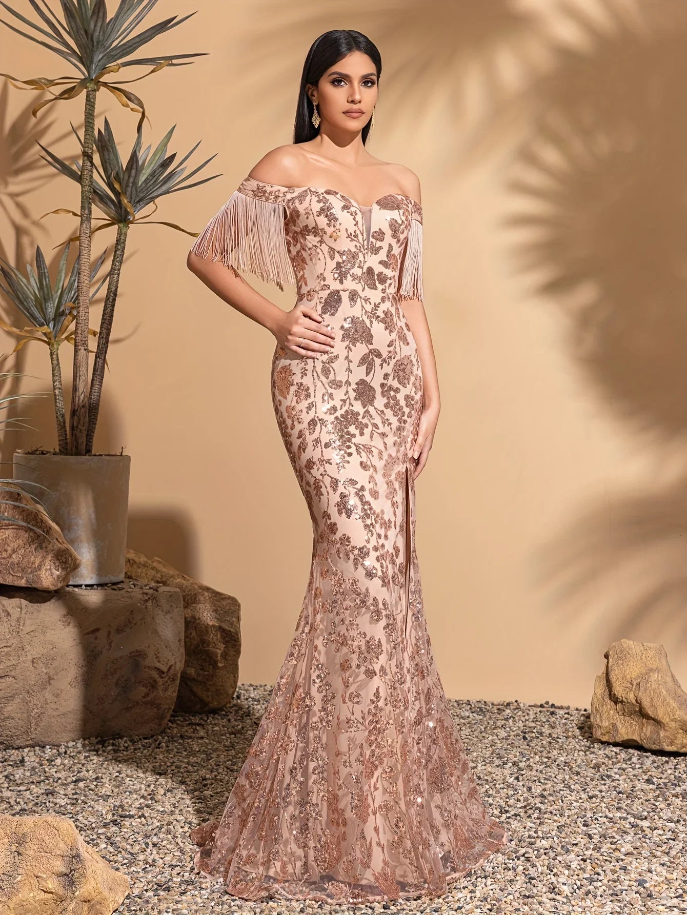 Off-the-shoulder sequined tassel sleeve slit dress