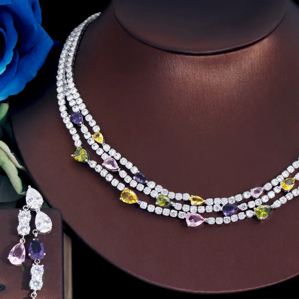 Shiny Colorful Cubic Zirconia 3 Rows Multi Layer Bridal Wedding Choker Necklace Earrings Jewelry Set for Women TZ784