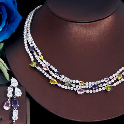 Shiny Colorful Cubic Zirconia 3 Rows Multi Layer Bridal Wedding Choker Necklace Earrings Jewelry Set for Women TZ784
