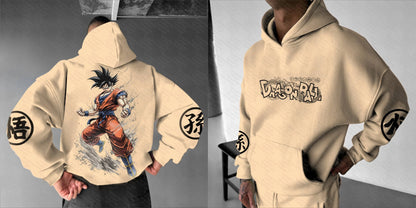 Khaki Hoodie Men Women Anime Character Print Pullover with Japanese Kanji Sleeve Design and Chest Logo Casual