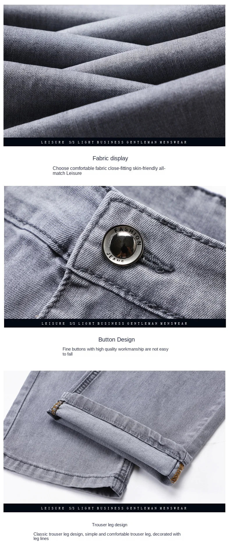 2026 Brand Thin or Thick Material Straight Cotton Stretch Denim Men's  Business Casual High Waist Light Grey Blue Jeans