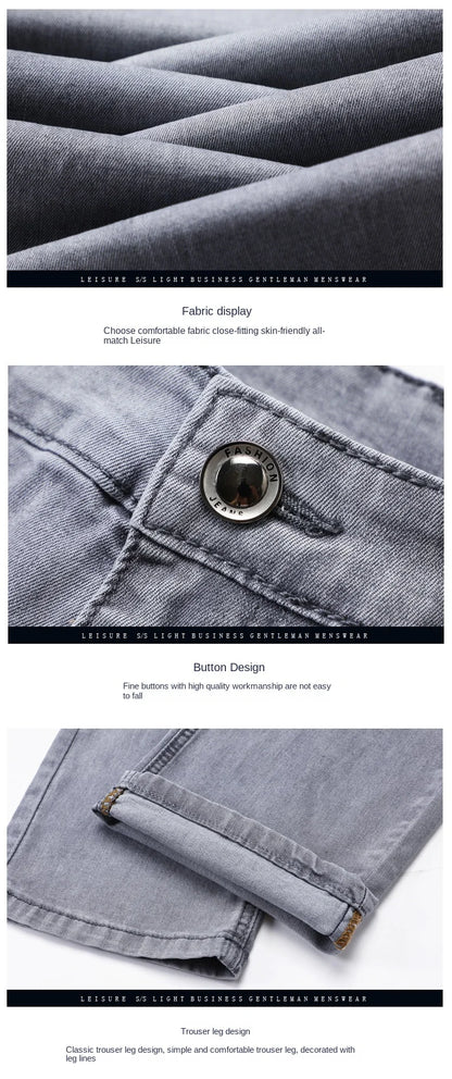 2026 Brand Thin or Thick Material Straight Cotton Stretch Denim Men's  Business Casual High Waist Light Grey Blue Jeans