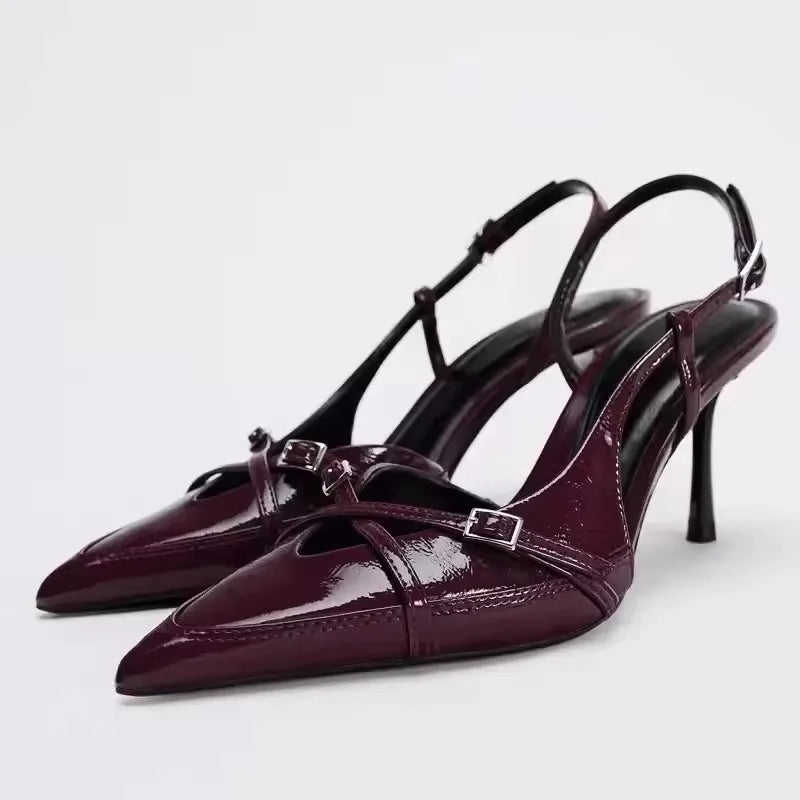 Sexy Street Style Buckle Strap Women Pumps Elegant Pointed Toe Thin Low Heels Slingback Banquet Party Shoes