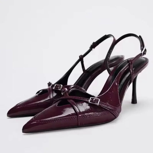 Sexy Street Style Buckle Strap Women Pumps Elegant Pointed Toe Thin Low Heels Slingback Banquet Party Shoes