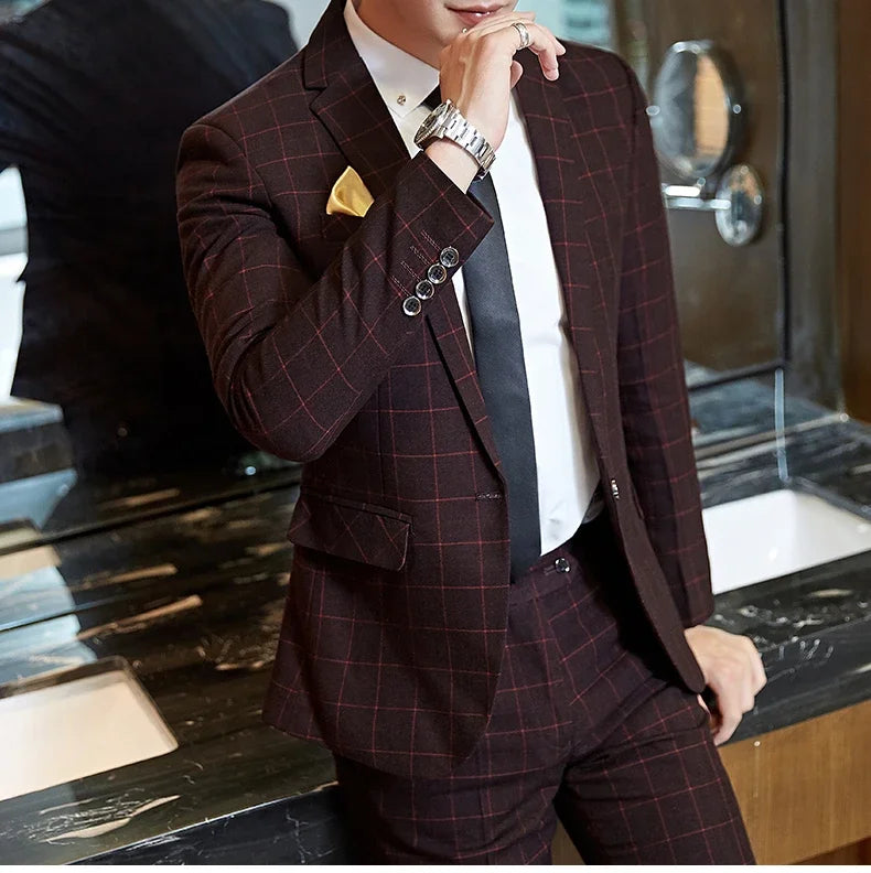 2025 Suit (Blazer+ Pants) Men's Boutique Fashion, Business Gentleman, Slim Fit, Outdoor Wedding, Plaid Trend, Banquet Suit