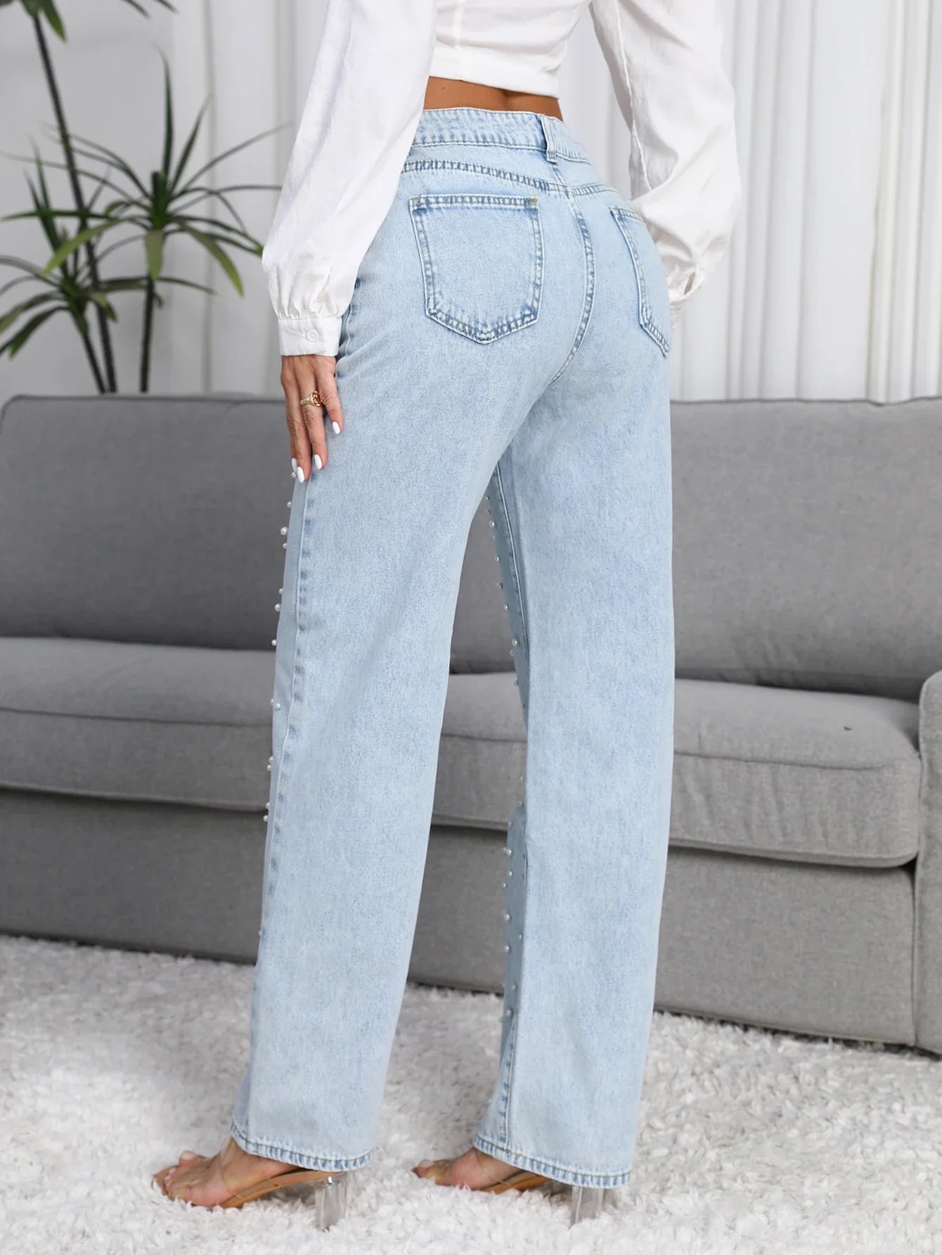 Women Straight-Leg Denim Jeans with Fashion Faux Pearl Detail