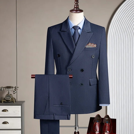 Double-breasted three-piece casual suit for men for parties and weddings, light and mature solid-colored Korean-style outfit