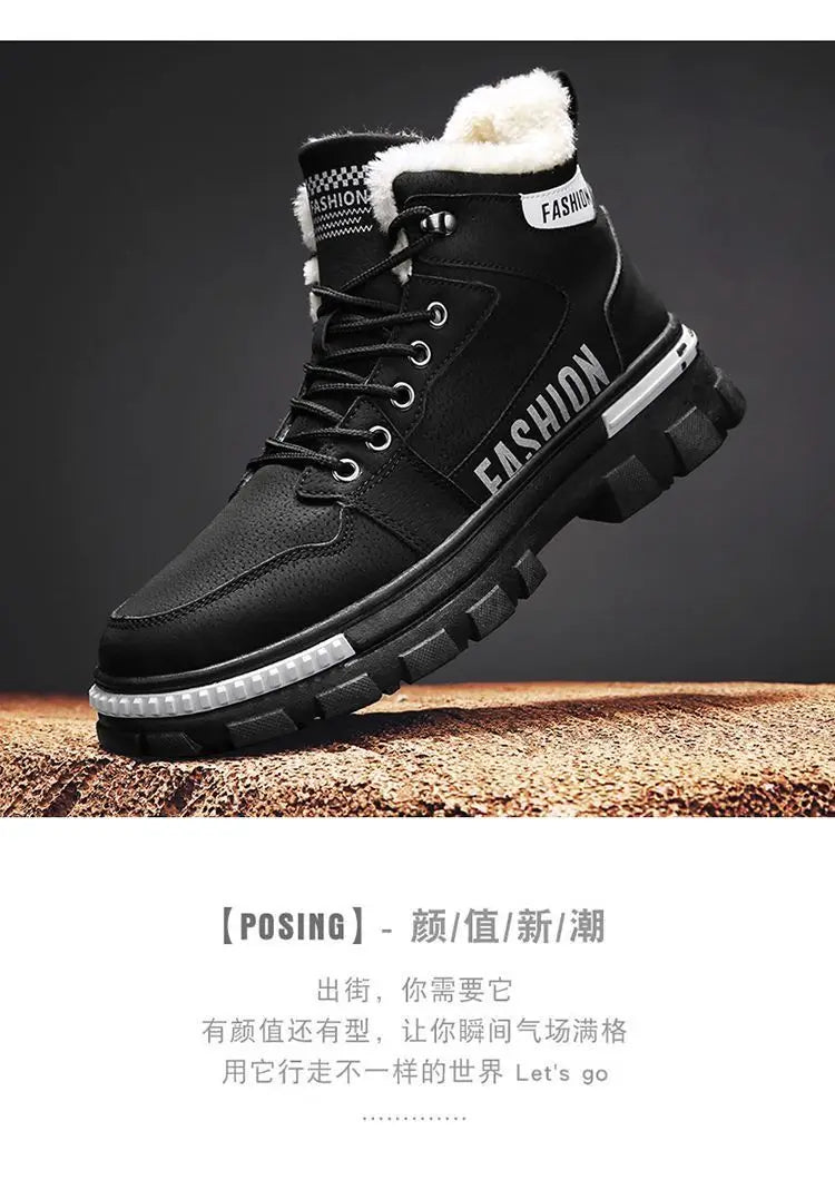 Men Snow Boots  Winter Anti Slip Plush Indoor Warm Cold Proof Snow Boots High Top Platform Lace Up Outdoor Sport Work Boots