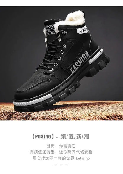 Men Snow Boots  Winter Anti Slip Plush Indoor Warm Cold Proof Snow Boots High Top Platform Lace Up Outdoor Sport Work Boots
