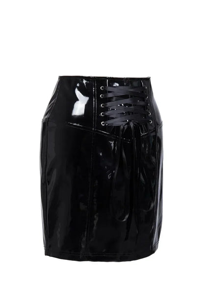 Black Skirts for Women Latex PVC Leather Pencil Mini Skirt Lace Up Zip Shiny Bodycon Skirts Sexy Club Y2k Clothes