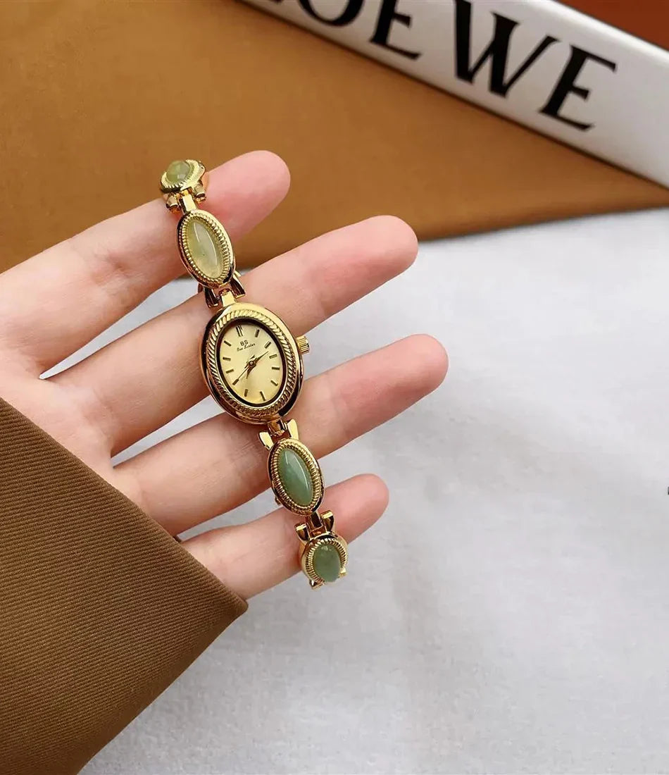 Women's Gold Watch Vintage Brown Jade Bracelet Small Dial Quartz Daily Wear Party Clock Luxury Waterproof Ladies Watches Gifts