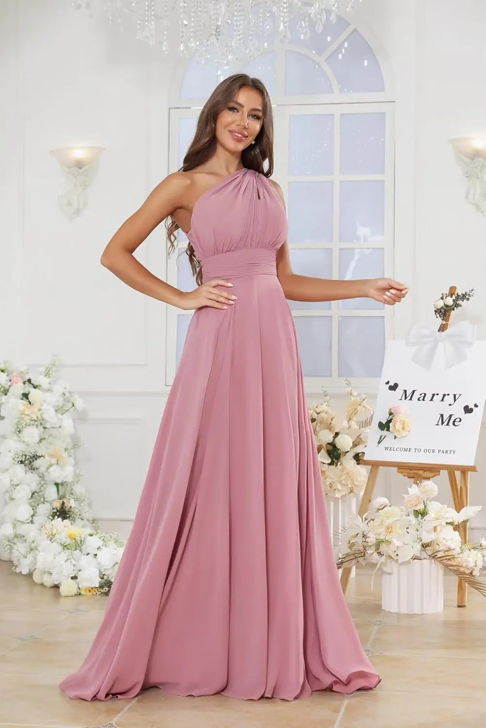 Vestidos de Daminha de Um Ombro para Mulheres Vestido de Noite Formal Longo de Chiffon Plissado Vestidos de Madrinha para Casamentos