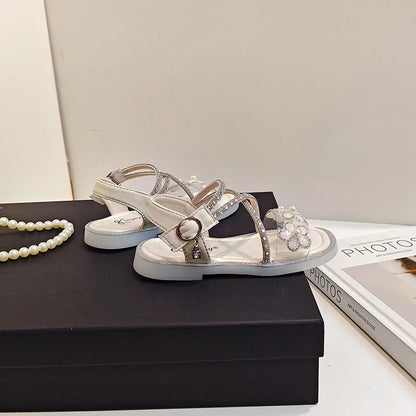 Girls Princess Sandals Children Summer Beach Shoes Soft Bottom Anti-slippery Fashion Kids Flowers Rhinestone Sandals Size 23-36
