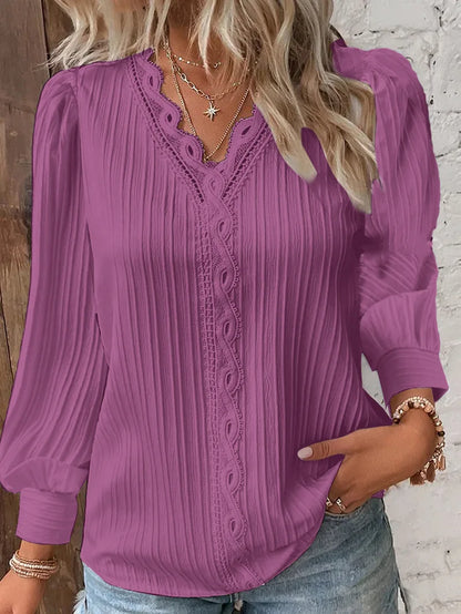 Women's White Blouses Lace Stitching V-neck Simple Chiffon Shirt Fall Long Sleeve Pullover Loose Top Elegant Street Blous Women
