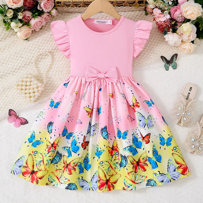 New Summer Children Dresses With Bow Print Casual Dress Outdoor Carnival Birthday Party Girl Clothes Cute Girl Skirt 2-10Y