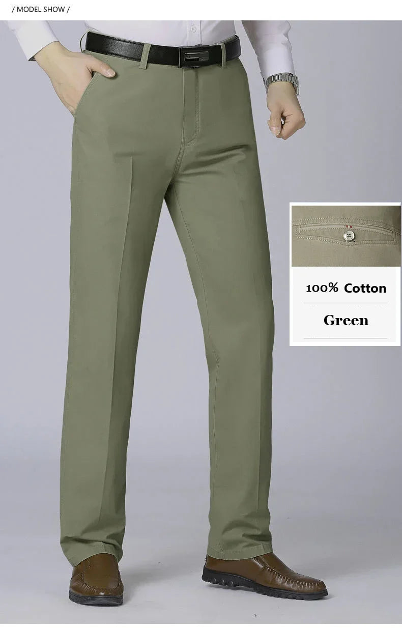 100% Cotton Spring Summer Middle-aged Cargo Trousers Men's Straight Slacks High Waists Thin Thick Breathable Male Suit Pants