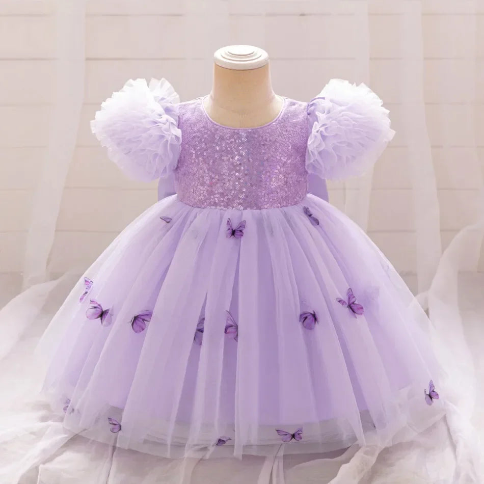 Baby Girl Clothing Summer Bow And Butterfly Pattern Halter Solid Color Mesh Baby Kids Dresses Cute Casual Baby Girl Dress ASQ03