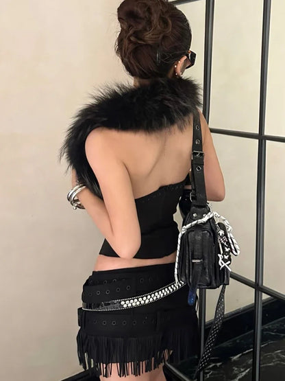 Furry Patchwork Sexy Tank Top Women Y2K Halter Backless Shirring Sleeveless Stretch Coquette Midnight Party Clubwear