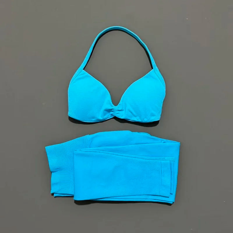 2 Piece Sports Set Women Yoga Backless Halter Bra High Waist Scrunch Seamless Pants Sport Suit Gym Sportswear Workout Set