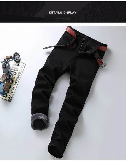 2023 Winter Men Black Blue Straight Stretch Denim Thick Velvet Pants Warm Jeans Casual Fleece Line Trousers Male Plus Size