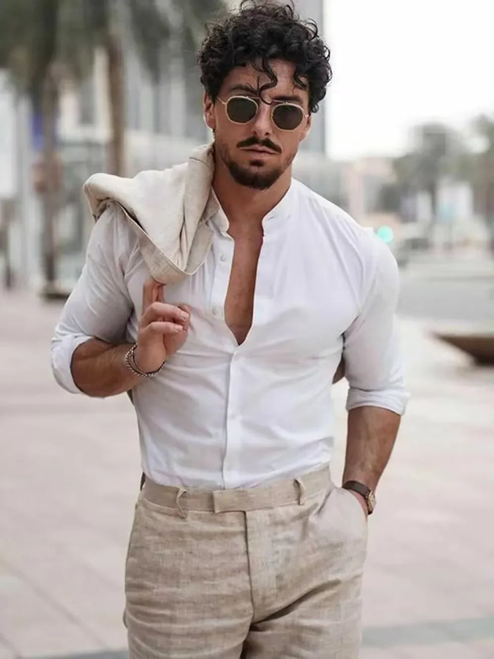 2 Piece Casual Beige Linen Men Suits Single Breasted Slim Fit Notch Lapel Blazer with Pants High Quality Wedding Costume Homme