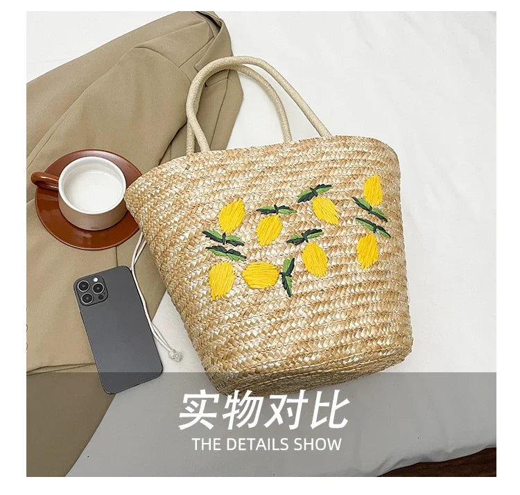 Embroidery Fruit Solid Color Shoulder Bag Straw Woven Hollow Versatile 2025 High Quality Bags for Women New Beach Handbags