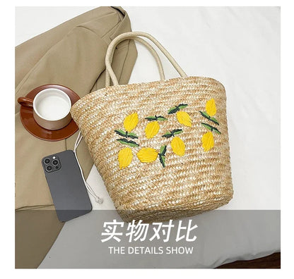 Embroidery Fruit Solid Color Shoulder Bag Straw Woven Hollow Versatile 2025 High Quality Bags for Women New Beach Handbags