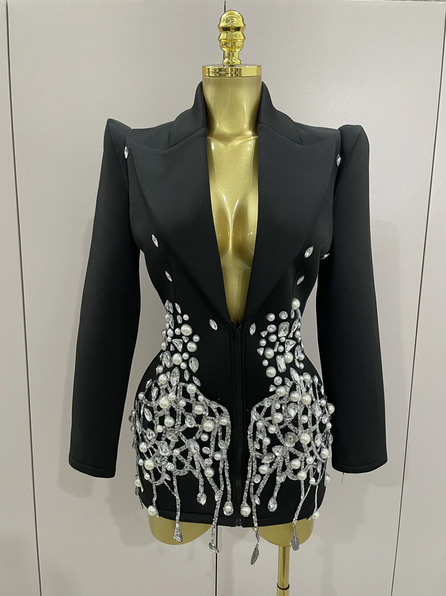 Crystal Chains Pearls Long Sleeve Mini Dress 2025 Women Birthday Evening Party Nightclub Outfit Singer Wedding Costume