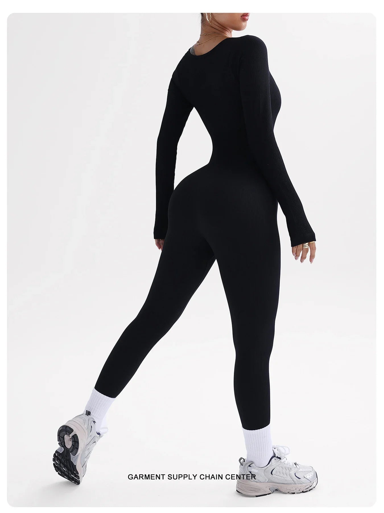 Women's one-piece yoga suit black jumpsuit long sleeved bodysuit sexy and fashionable streetwear casual sports bodysuit