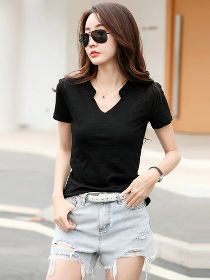 Summer Bamboo Cotton T-Shirt Cotton Women V-Neck Soft Tshirts Female Basic Fashion Classic S-3XL Ladies Tops