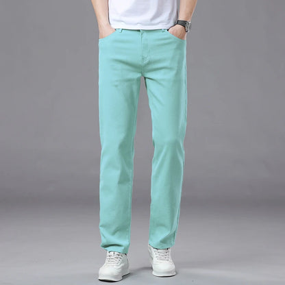 2025 Autumn Men's Elastic Colorful Jeans Breathable Casual  Straight Fitted Solid Color Denim Pants Korean Fashion Trousers