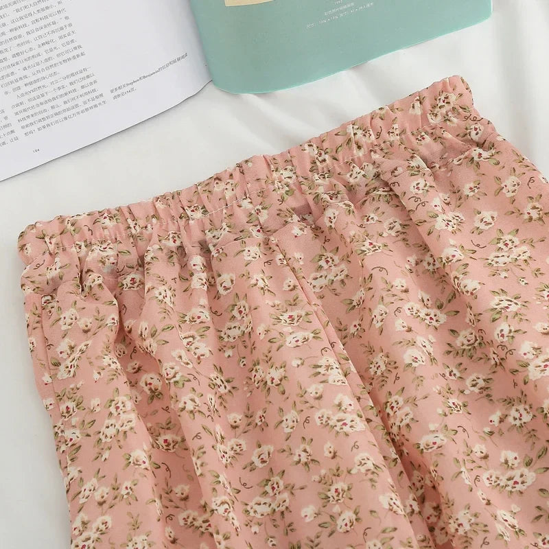 Women's Summer Skirts Vintage Floral Printed Chiffon Skirts High-waisted Elastic Waist Relaxed Mid-length Skirts Beach Skirts
