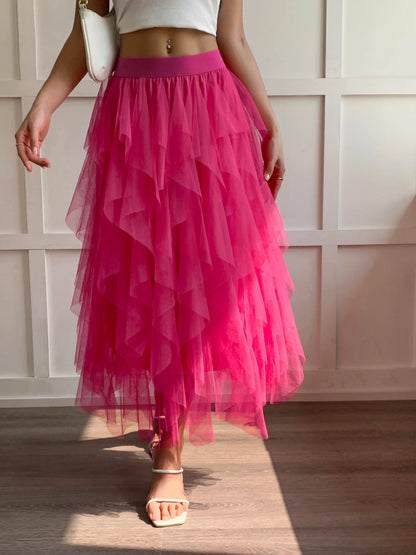 Medium waist chiffon long skirt for women, irregular layered pleated edge layered cake skirt, elegant fairy A-line skirt