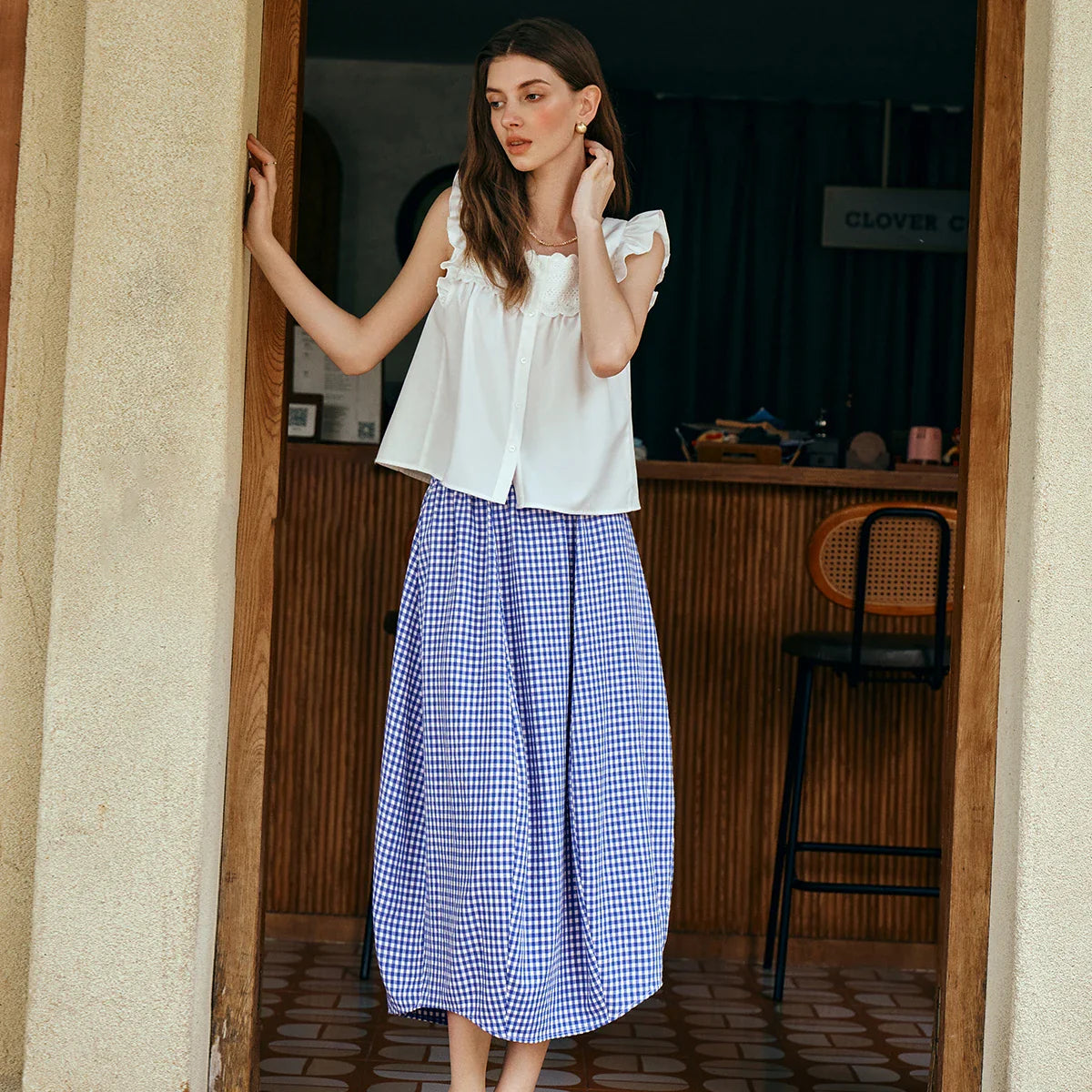 Women's Summer 2026 Midi Elastic Waistband Skirt Elegant Office Ladies Blue Plaid BUD Skirt Female Clothes O57XB99598