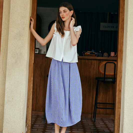 Women's Summer 2026 Midi Elastic Waistband Skirt Elegant Office Ladies Blue Plaid BUD Skirt Female Clothes O57XB99598