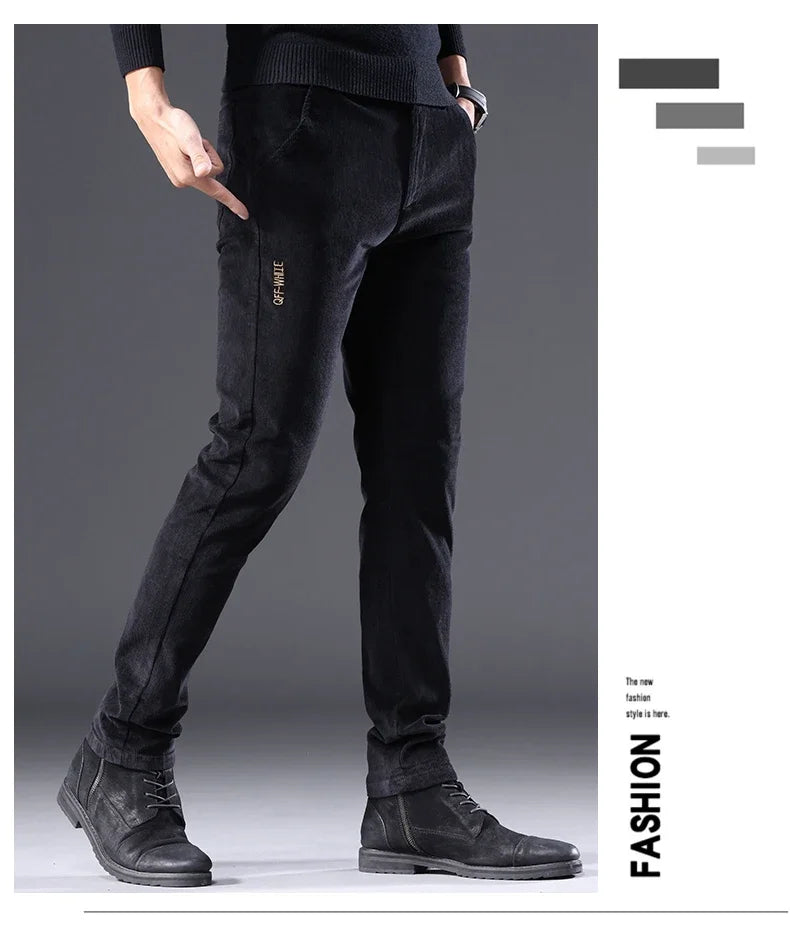 Men's Corduroy Slim Casual Pants 2024 Autumn New Coffee Fashion Stretch Straight Trousers Solid Color Male Clothes
