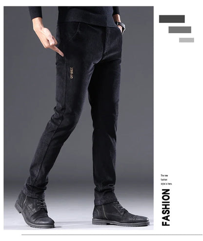 Men's Corduroy Slim Casual Pants 2024 Autumn New Coffee Fashion Stretch Straight Trousers Solid Color Male Clothes